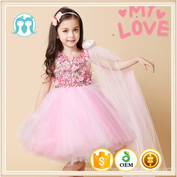 latest design girls dress appliqued flower wraps dress kids clothes wear